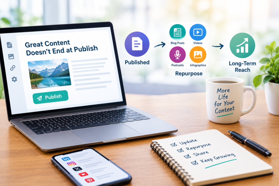 The Content Afterlife marketing concept showing content promotion, SEO, sharing, repurposing and audience growth after publishing