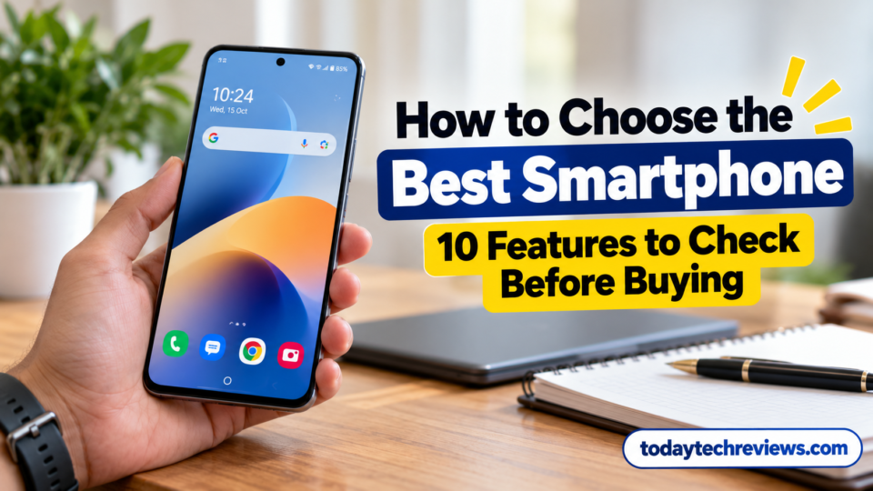 How to choose the best smartphone in 2026, featuring a person holding a smartphone with a laptop and notebook on a desk.